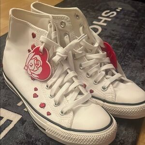 Converse White and Red High-Top Sneakers with Rose Design NWOT